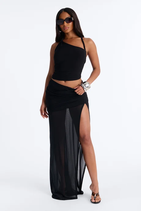 Women's Fashion Nova Stolen Moments Ruched Slit Mesh Maxi Skirt