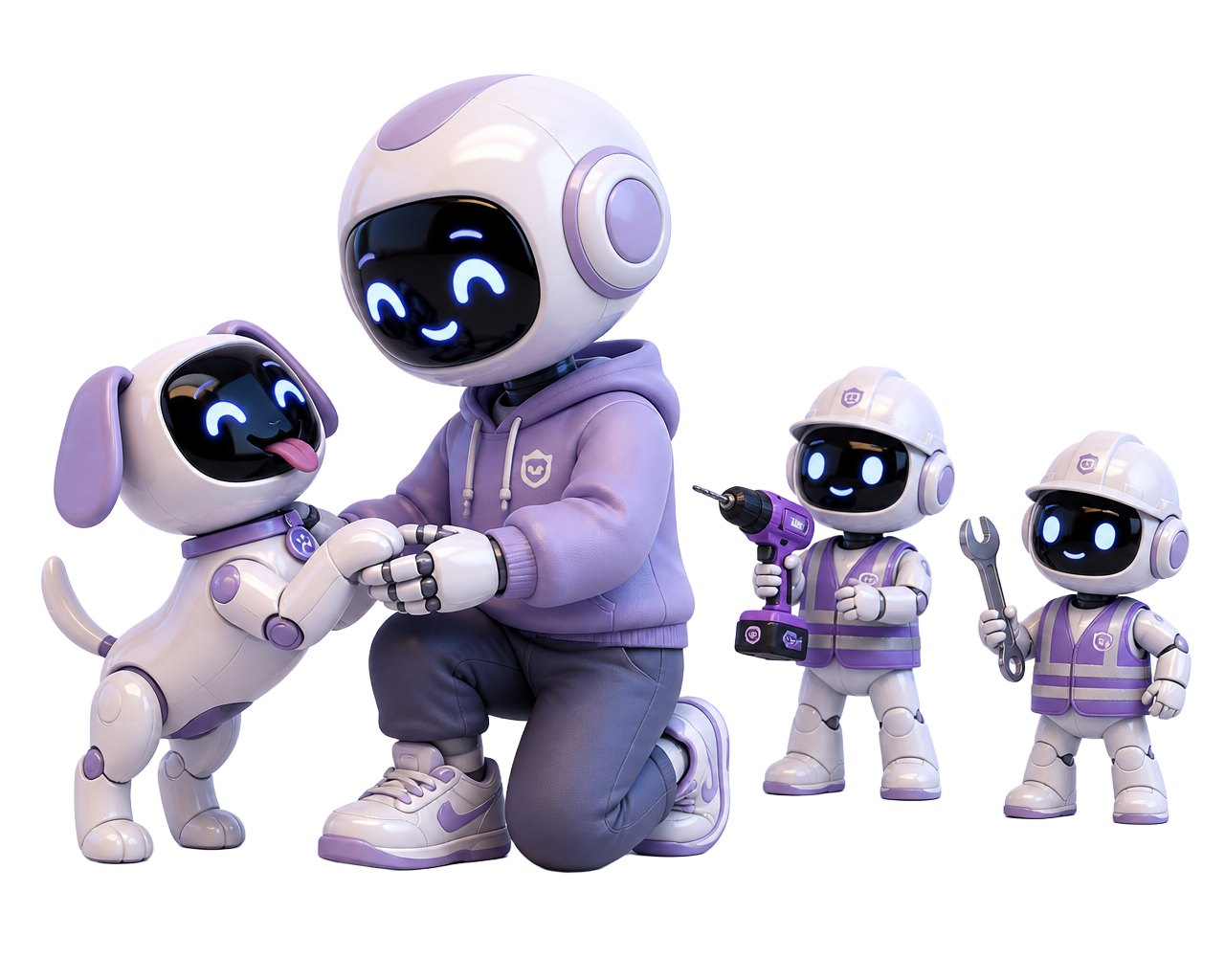 Spy mascot with a robot dog and worker bots using tools